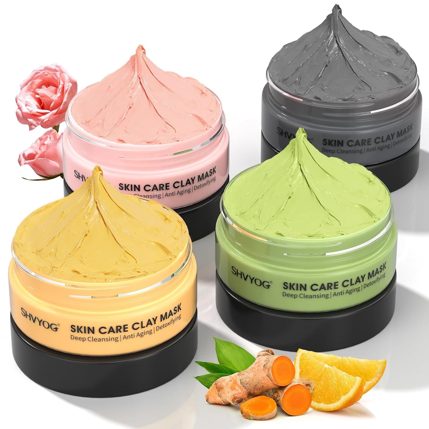 4Pcs Face Mask Set - Turmeric Clay Mask, Vitamin C, Green Tea, Rose, Dead Sea Mud Mask, Skin Care Mask for Deep Cleansing, Refining Pores, Valentine'S Day Gifts for Women- 240G
