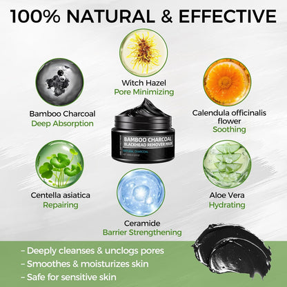 Peel off Face Mask, Blackhead Remover for Face & Nose, Bamboo Charcoal for Deep Cleaning, Reducing Oil, Smoothing Skin, Shrinking Pores, 120G 4.23Oz