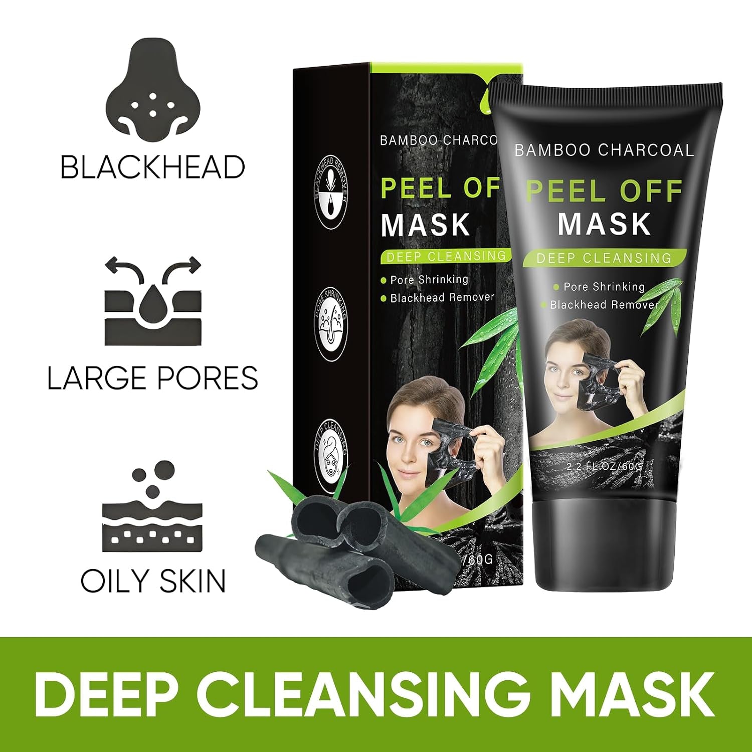 Blackhead Remover Mask, Bamboo Charcoal Peel off Mask, Charcoal Face Mask for Deep Cleansing, Blackheads, Acne, Dirts, Pores and Skin Oil, Suitable for All Skin Types