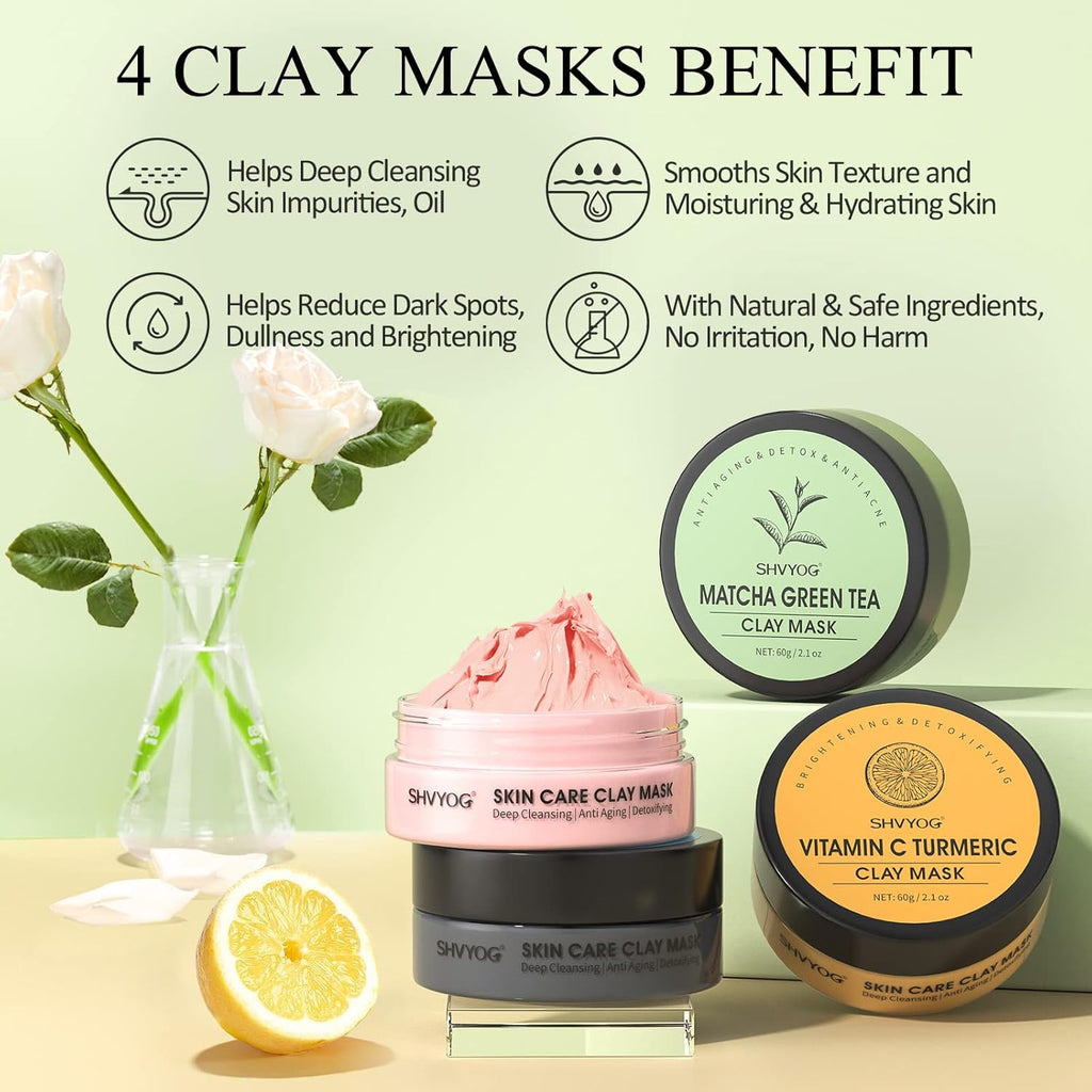 4Pcs Face Mask Set - Turmeric Clay Mask, Vitamin C, Green Tea, Rose, Dead Sea Mud Mask, Skin Care Mask for Deep Cleansing, Refining Pores, Valentine'S Day Gifts for Women- 240G