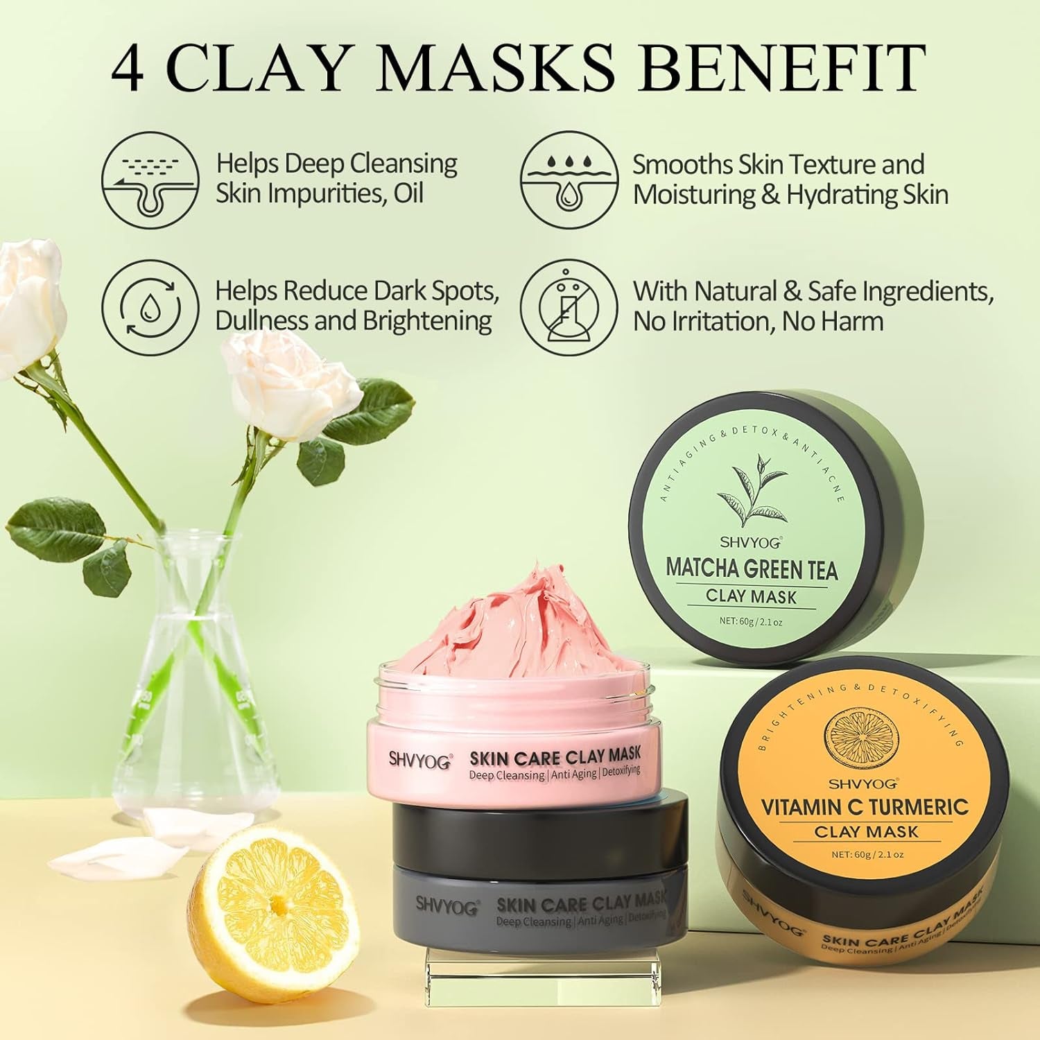 4Pcs Face Mask Set - Turmeric Clay Mask, Vitamin C, Green Tea, Rose, Dead Sea Mud Mask, Skin Care Mask for Deep Cleansing, Refining Pores, Valentine'S Day Gifts for Women- 240G