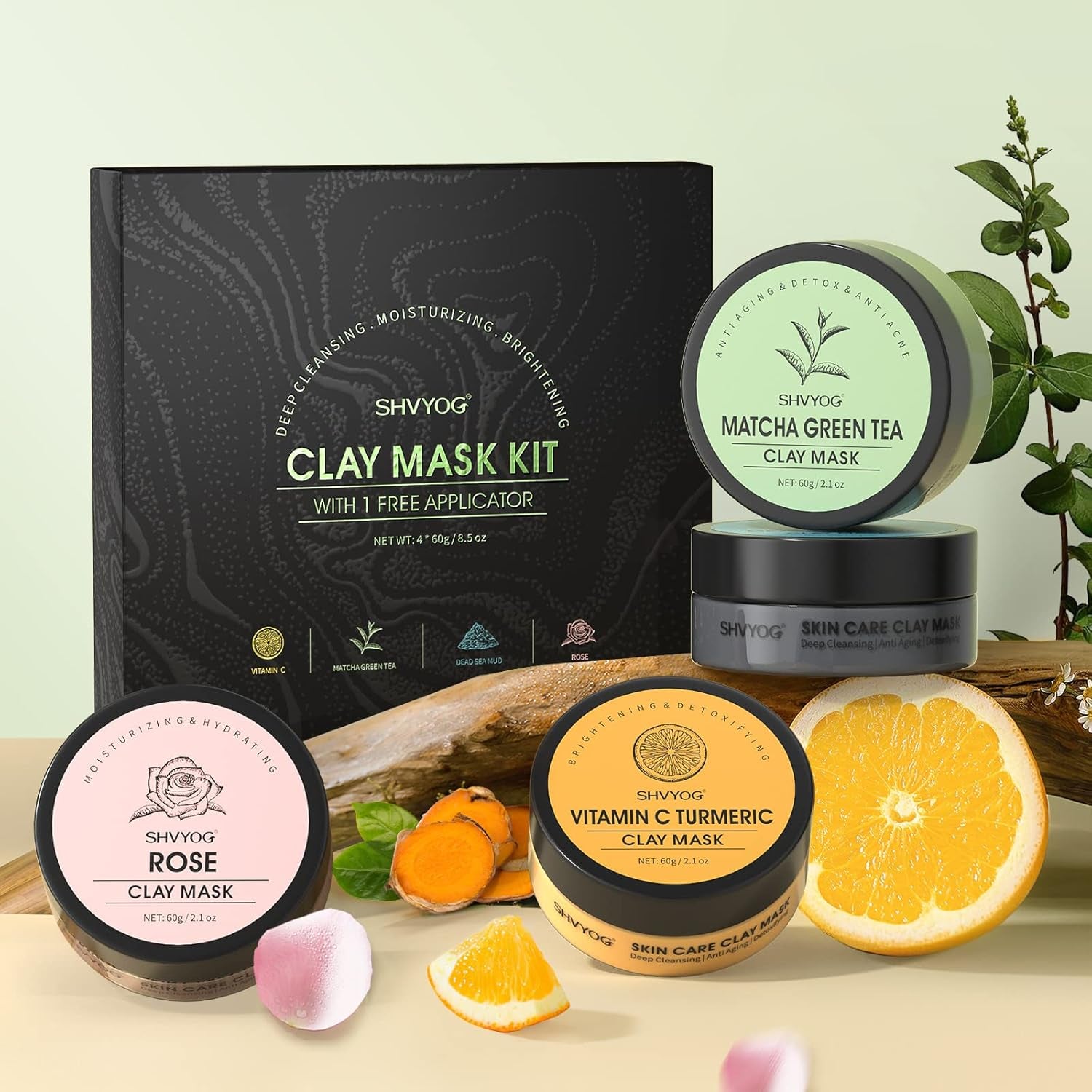 4Pcs Face Mask Set - Turmeric Clay Mask, Vitamin C, Green Tea, Rose, Dead Sea Mud Mask, Skin Care Mask for Deep Cleansing, Refining Pores, Valentine'S Day Gifts for Women- 240G