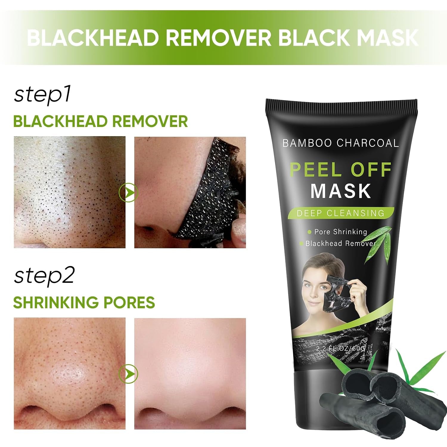 Blackhead Remover Mask, Bamboo Charcoal Peel off Mask, Charcoal Face Mask for Deep Cleansing, Blackheads, Acne, Dirts, Pores and Skin Oil, Suitable for All Skin Types