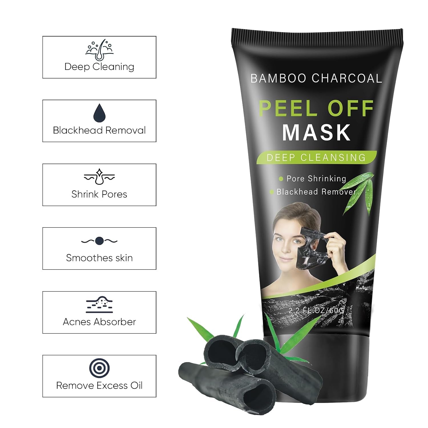 Blackhead Remover Mask, Bamboo Charcoal Peel off Mask, Charcoal Face Mask for Deep Cleansing, Blackheads, Acne, Dirts, Pores and Skin Oil, Suitable for All Skin Types