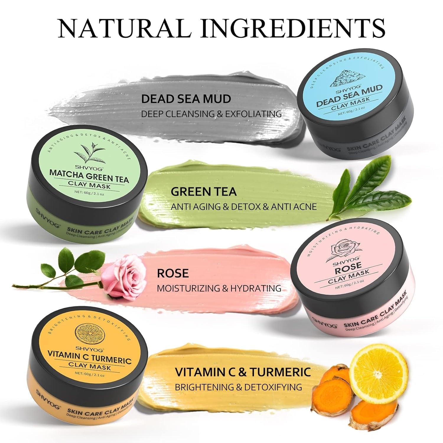 4Pcs Face Mask Set - Turmeric Clay Mask, Vitamin C, Green Tea, Rose, Dead Sea Mud Mask, Skin Care Mask for Deep Cleansing, Refining Pores, Valentine'S Day Gifts for Women- 240G