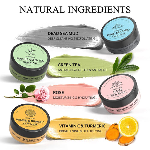 4Pcs Face Mask Set - Turmeric Clay Mask, Vitamin C, Green Tea, Rose, Dead Sea Mud Mask, Skin Care Mask for Deep Cleansing, Refining Pores, Valentine'S Day Gifts for Women- 240G